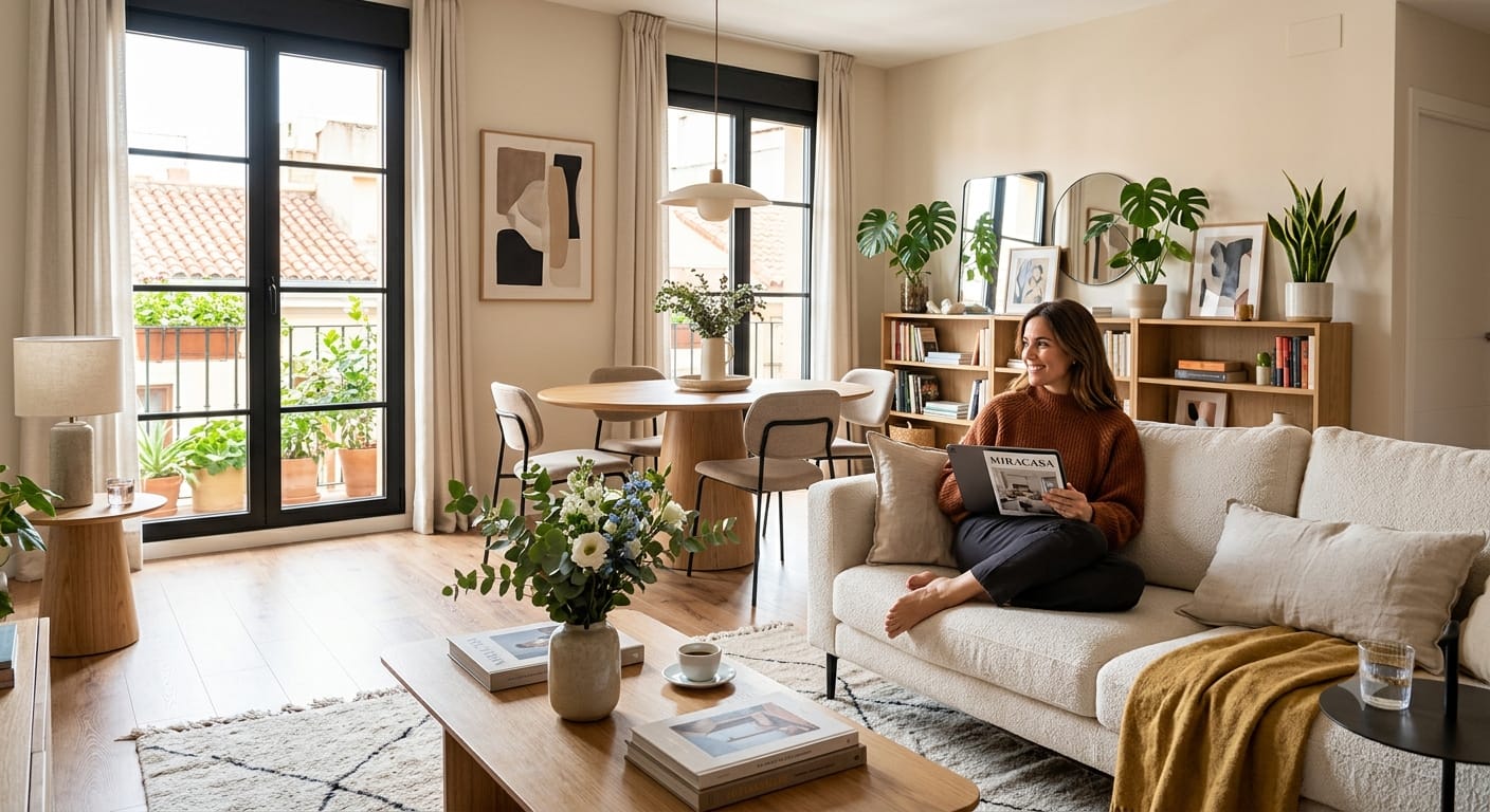 Woman relaxing on a beige sofa reading a magazine in a bright living room with plants and a bookshelf behind her.