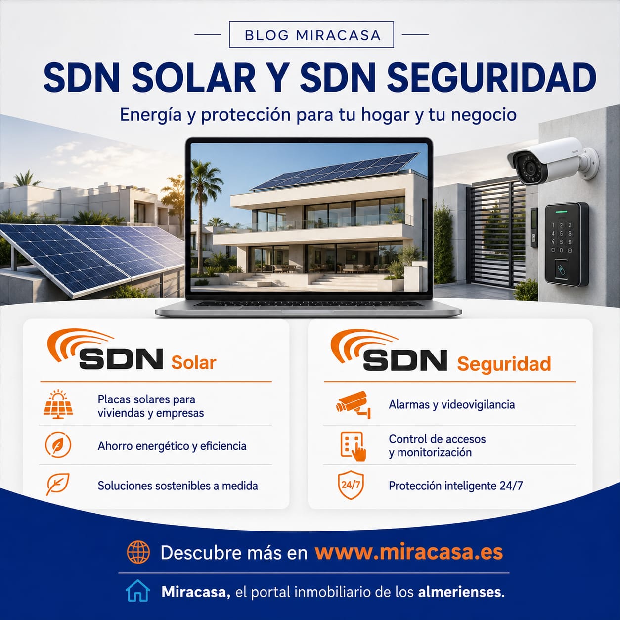 Promotional banner for SDN Solar y SDN Seguridad: solar panels, a laptop displaying a modern house, security camera, gate, and services; visit miracasa.es.