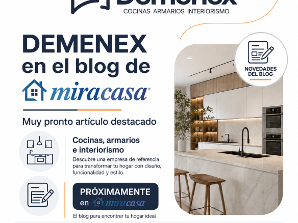 Promotional collage announcing Demenex blog on cocinas e interiores, with a modern kitchen photo and blog badge.