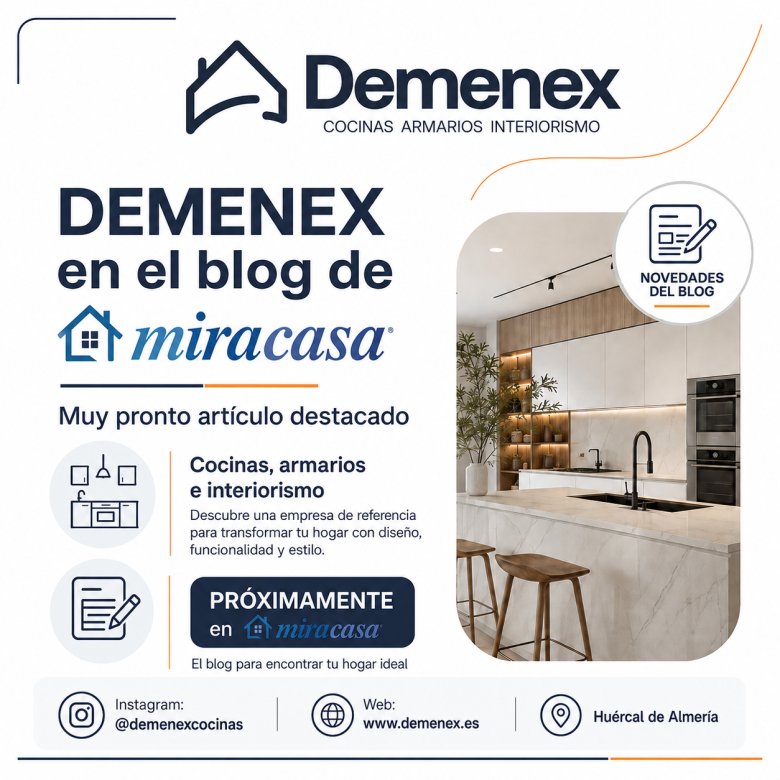 Promotional collage announcing Demenex blog on cocinas e interiores, with a modern kitchen photo and blog badge.