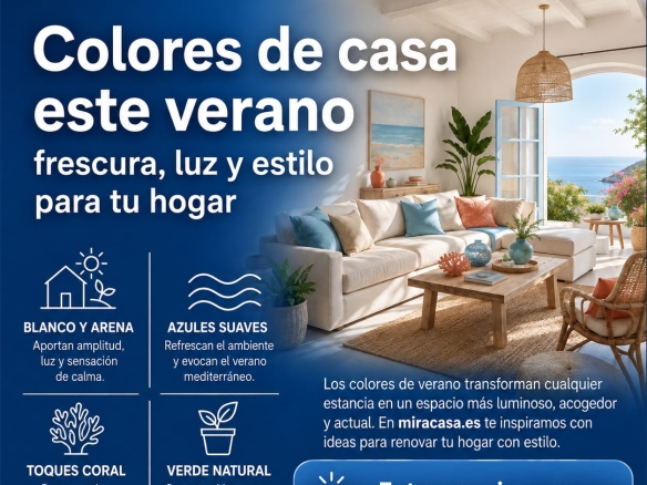 Miracasa.es advertising banner about summer colours for the home; bright living room by the sea with a blue palette and light cushions.