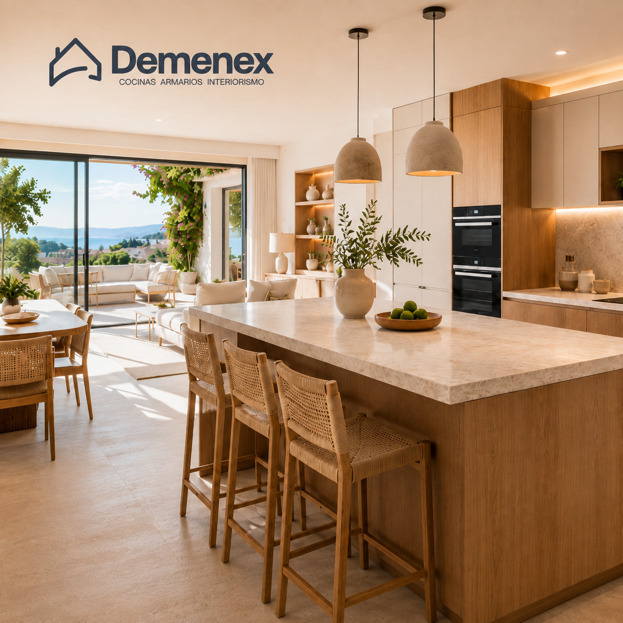 Open-plan kitchen with a marble island, wooden cabinets, wicker stools, pendant lights, and a living area beyond; Demenex logo visible on the wall.