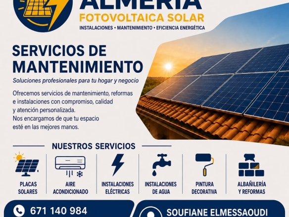 Banner for Electricidad Almería Solar with solar panels on a roof, bold company name, and a list of maintenance services in Spanish.