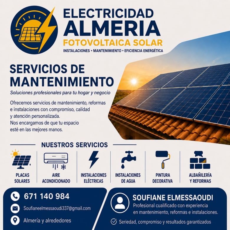 Banner for Electricidad Almería Solar with solar panels on a roof, bold company name, and list of maintenance services in Spanish.