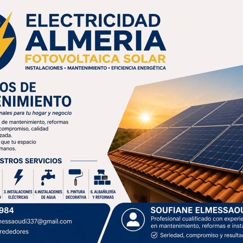 Banner for Electricity Almería promoting solar installations and maintenance services for home and business.