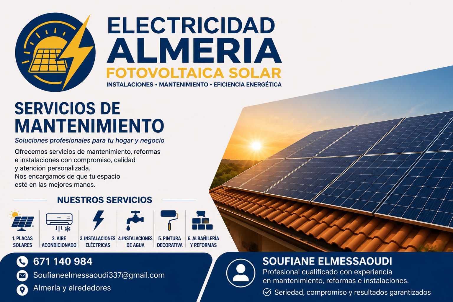 Banner for Electricity Almería promoting solar installations and maintenance services for home and business.
