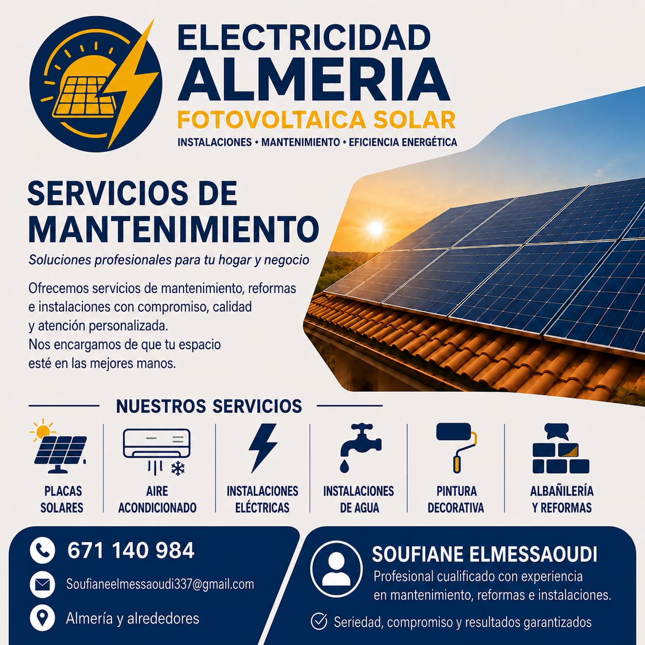 Banner for Electricidad Almería Solar with solar panels on a roof, bold company name, and a list of maintenance services in Spanish.