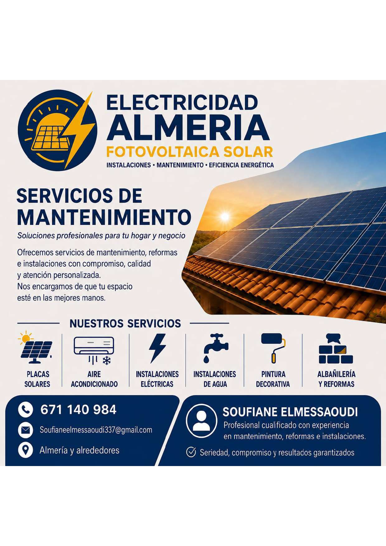Promotional banner for Electricity Almería Solar offering solar panels and maintenance services with contact details.