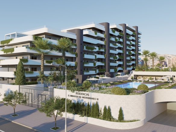 5 - copy - copy - copy - MiraCasa Modern contemporary apartment building with white balconies and green plants, palm trees, and a swimming pool area in the foreground.