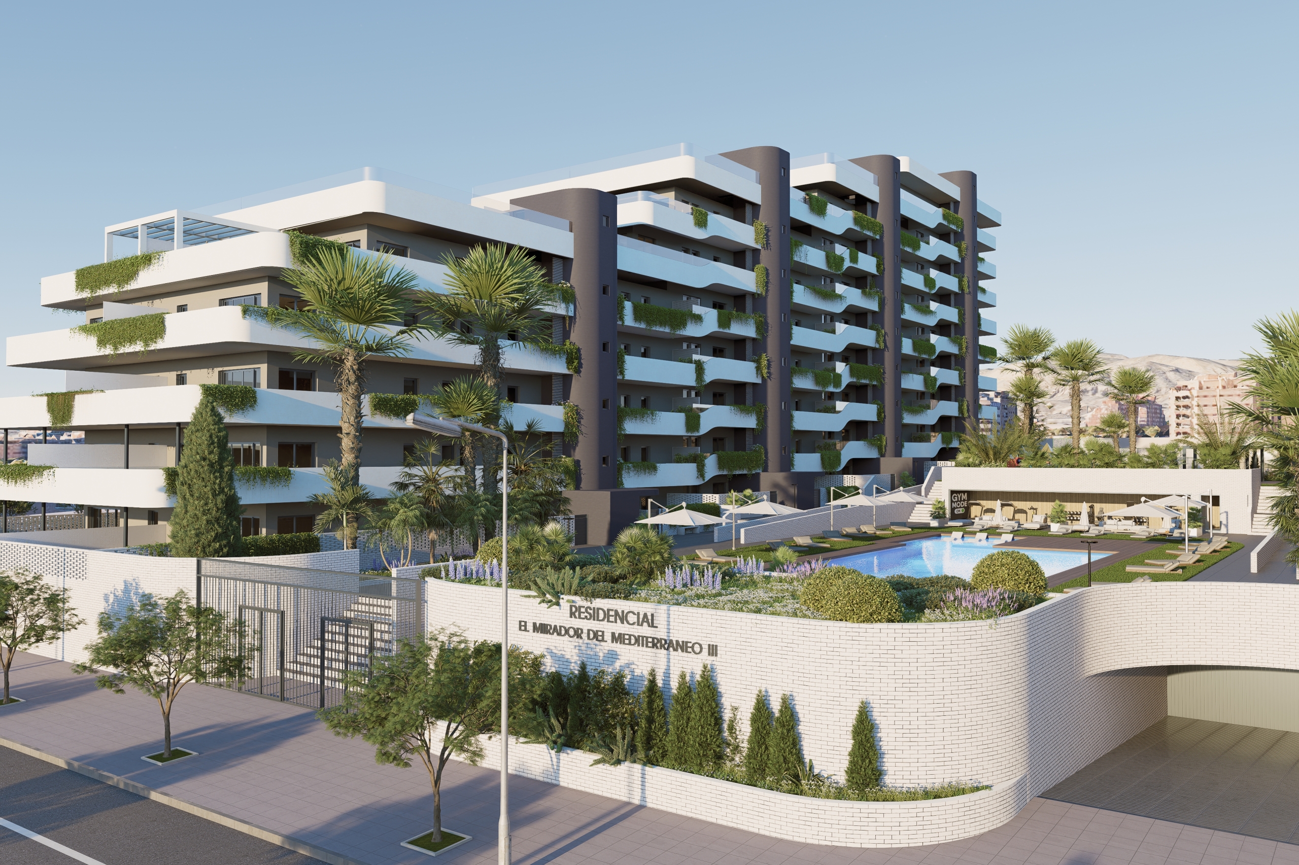 Modern contemporary apartment building with white balconies and green plants, palm trees, and a swimming pool area in the foreground.