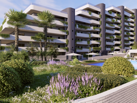6 - copia - copia - copia 2 - MiraCasa Modern white apartment building with curved balconies, greenery, and a pool area in the foreground under a blue sky.