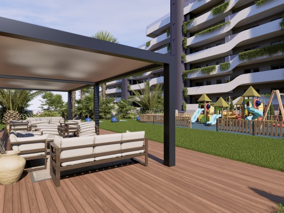 7 - copia - copia - copia 2 - MiraCasa Outdoor wooden deck lounge area under a shade structure, adjacent to a modern apartment building with greenery and a children's playground nearby.