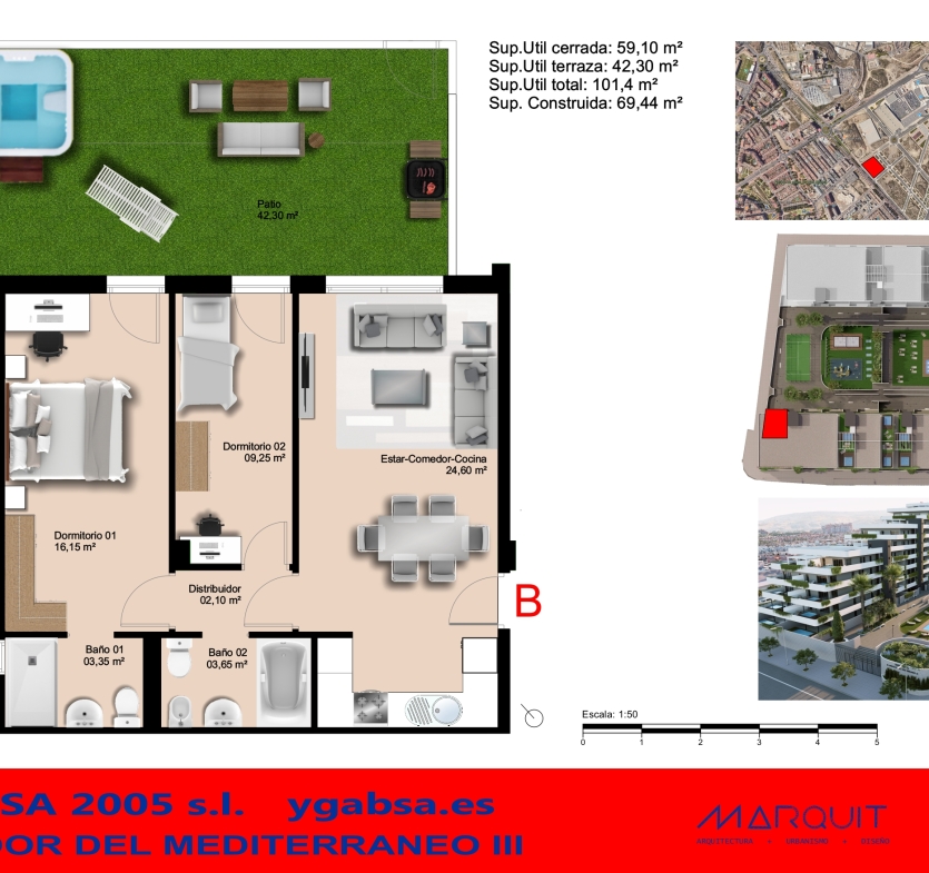 Plano de vivienda con patio de 42,30 m², área de estar, comedor y jardines exteriores; incluye dormitorio y baño