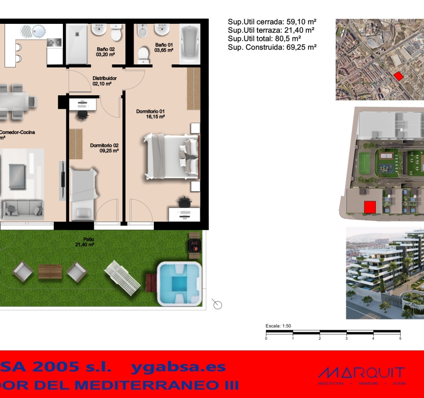 Floor plan of an apartment showing living/dining/kitchen area, two bedrooms, two bathrooms, hallway, patio and laundry area (LAVAD).