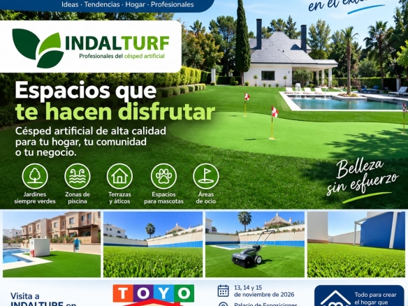 Promotional banner showing a luxury garden with a pool, artificial turf, and icons for green spaces, advertising Indalturf and the TOYO HOME fair.
