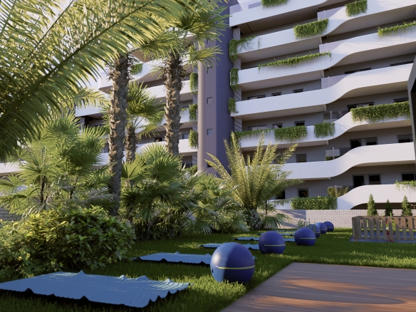 Escena 6_1 - copia - copia - copia - MiraCasa Modern apartment building with curved white balconies and greenery, framed by tropical palms in a landscaped courtyard.