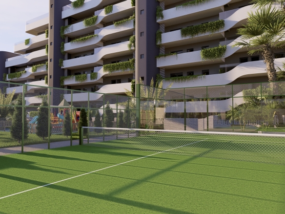 INTERIOR 04_6 - copia 2 - MiraCasa Modern multi-story apartment building with curved balconies and greenery, seen behind a fenced outdoor sports court.
