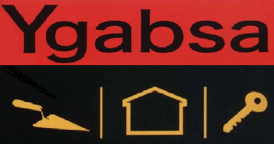 Ygabsa logo: red banner with 'Ygabsa' and a black section showing a trowel, a house outline, and a key separated by vertical bars.