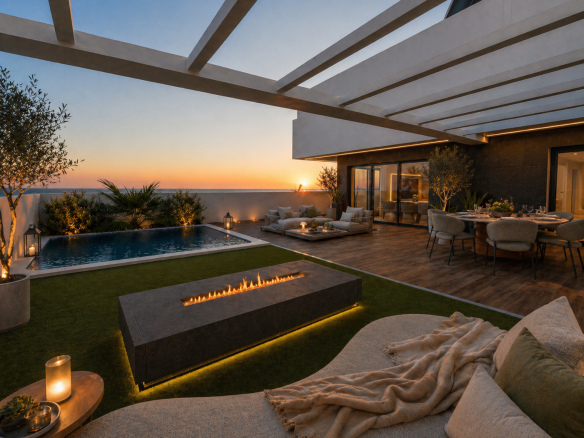 Terraza 01 op 2 - MiraCasa Luxurious outdoor living space at sunset with a rectangular pool, fire pit, and plush lounge seating by a dining area.