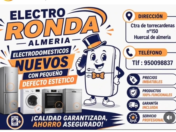 Publicidad de Electro Ronda Almería anunciando electrodomésticos nuevos con defecto estético, un refrigerador sonriente con sombrero anima la imagen.