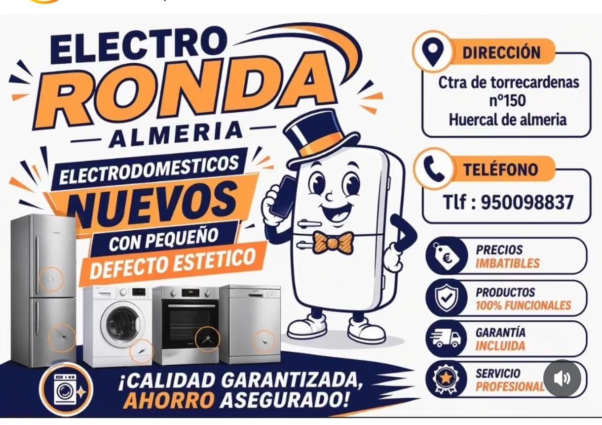 Publicidad de Electro Ronda Almería anunciando electrodomésticos nuevos con defecto estético, un refrigerador sonriente con sombrero anima la imagen.