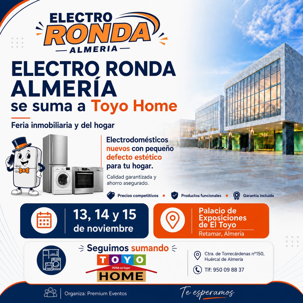 electroronda en toyo home - MiraCasa Promotional banner for Electro Ronda Almería and Toyo Home fair with a modern showroom, home appliances, and a cheerful mascot.