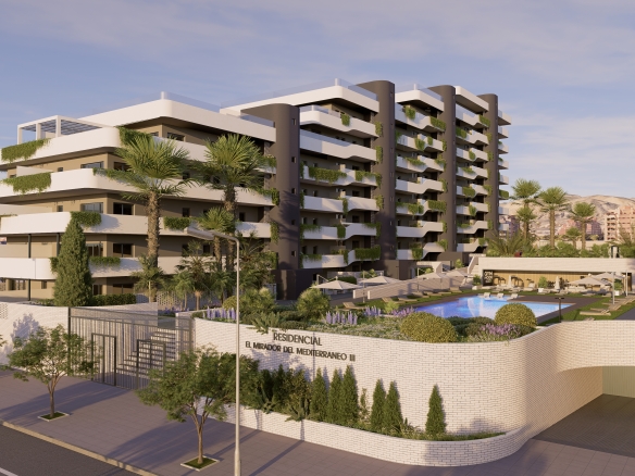 YGABSA ENTRADA 01_4 - copia - MiraCasa Modern multi-story residential building with white balconies, greenery and a surrounding pool area and landscaping.