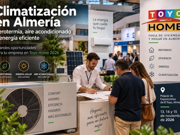 Booth at a home climate expo with a large banner reading 'Climatización en Almería', three icons for aerotermia, energía solar y aire acondicionado, an air‑conditioner unit, and staff assisting two visitors.