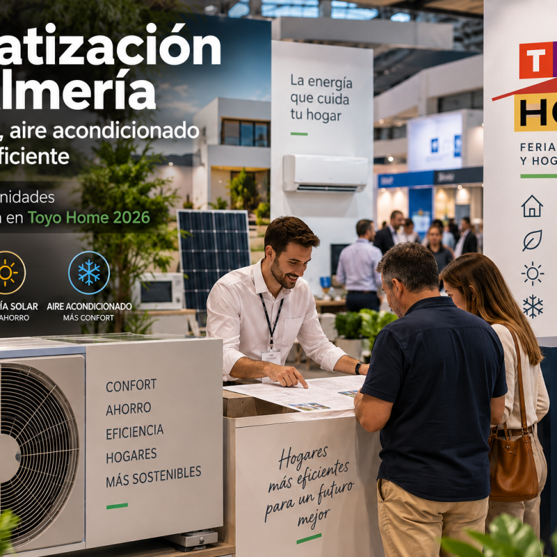 Booth at a home climate expo with a large banner reading 'Climatización en Almería', three icons for aerotermia, energía solar y aire acondicionado, an air‑conditioner unit, and staff assisting two visitors.