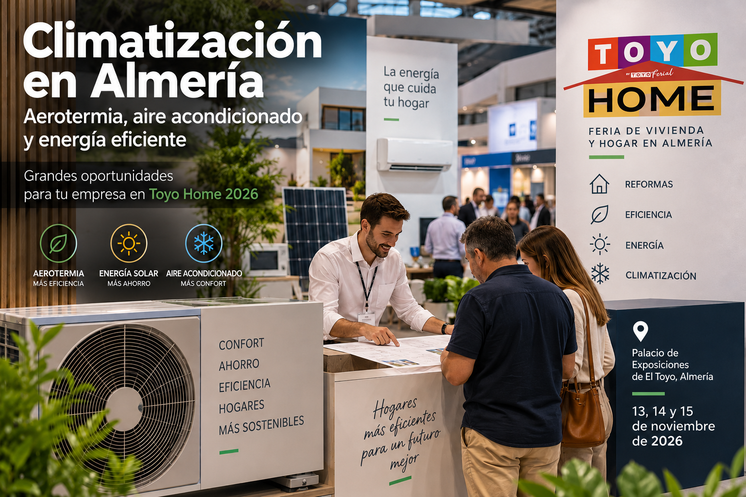 Booth at a home climate expo with a large banner reading 'Climatización en Almería', three icons for aerotermia, energía solar y aire acondicionado, an air‑conditioner unit, and staff assisting two visitors.