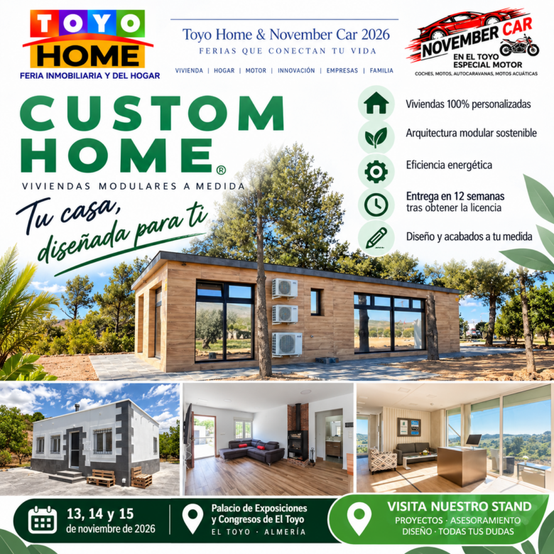 Poster collage for a home fair featuring 'CUSTOM HOME' and a modern modular house, with stand visit details and event dates in Spanish.