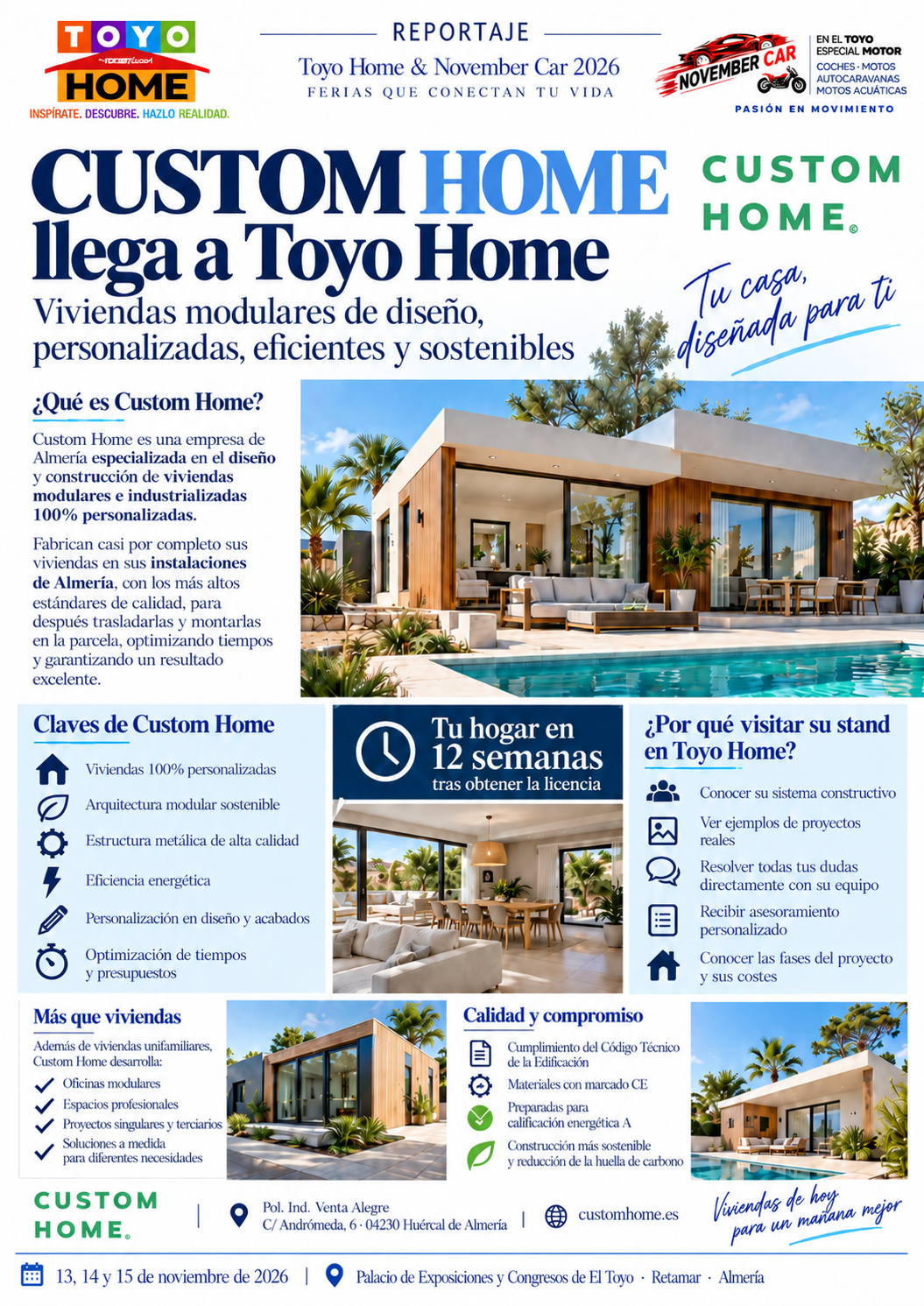 Cartel promocional en español anunciando Custom Home en Toyo Home 2026, con una casa modular moderna junto a una piscina y secciones de características, ventajas y fechas del evento.